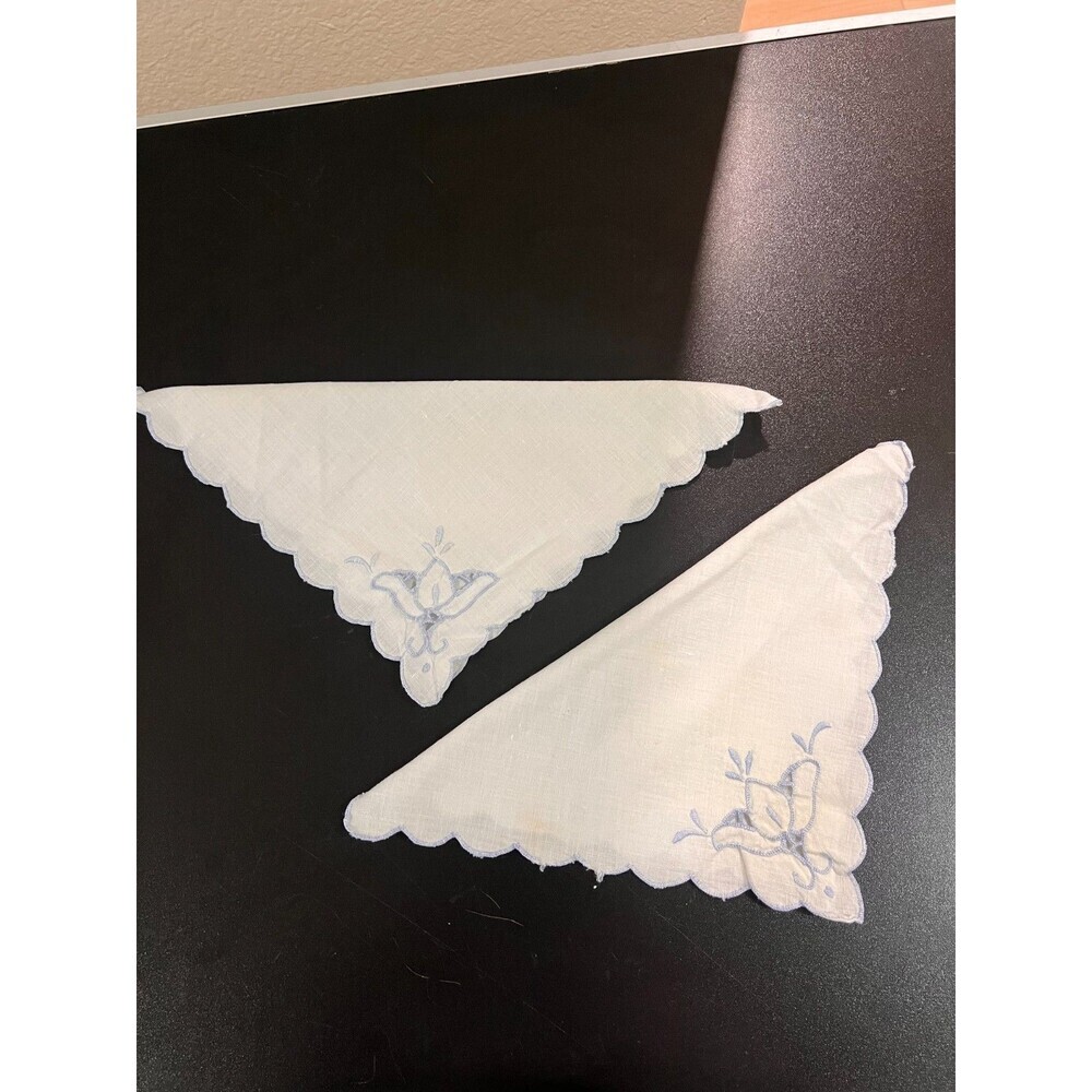 2 Vintage White Napkins Scalloped Edge Blue Handmade Embroidered Floral